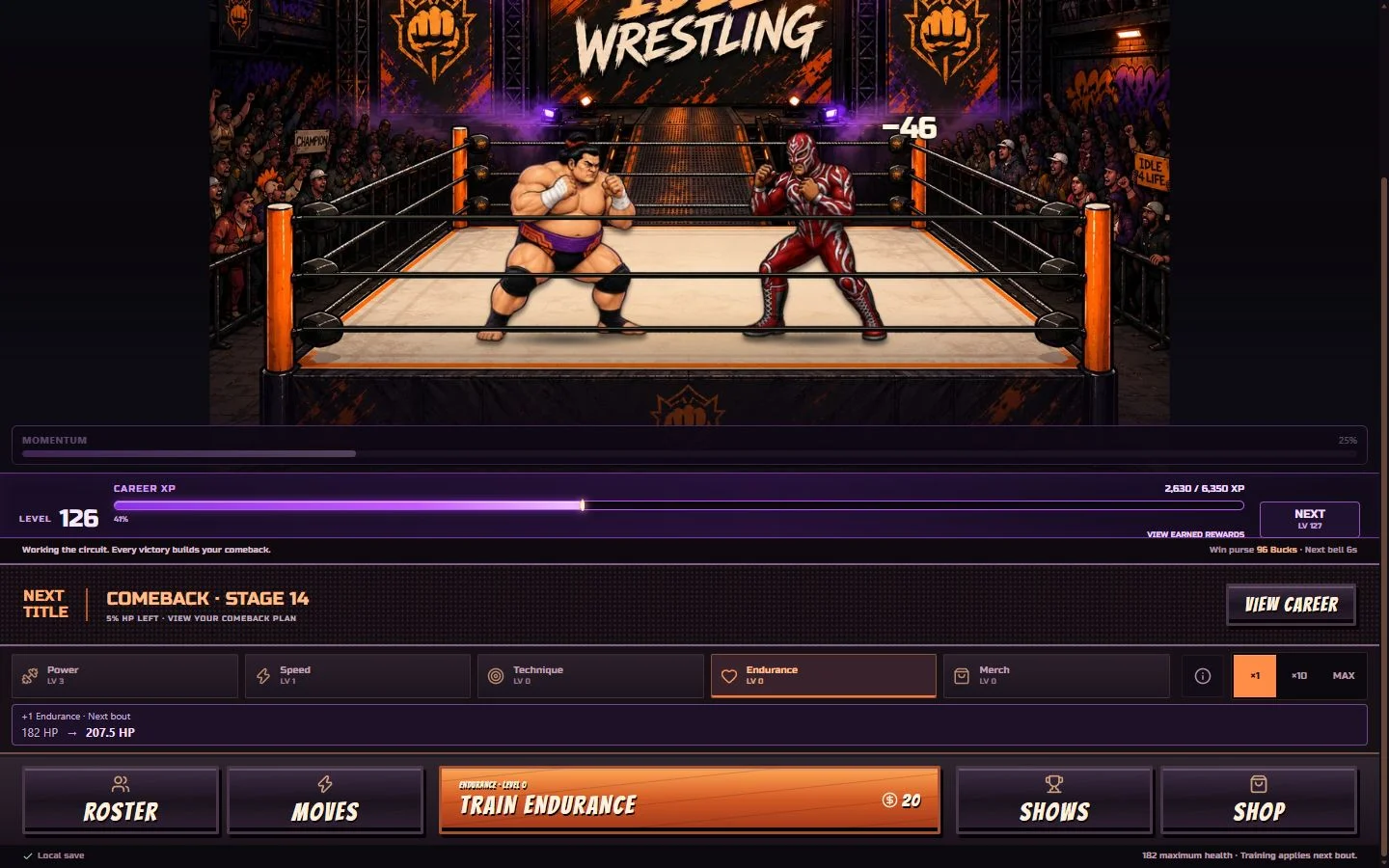 Idle Wrestling on desktop: a sumo wrestler faces a masked luchador in the ring, with career XP and training controls below.