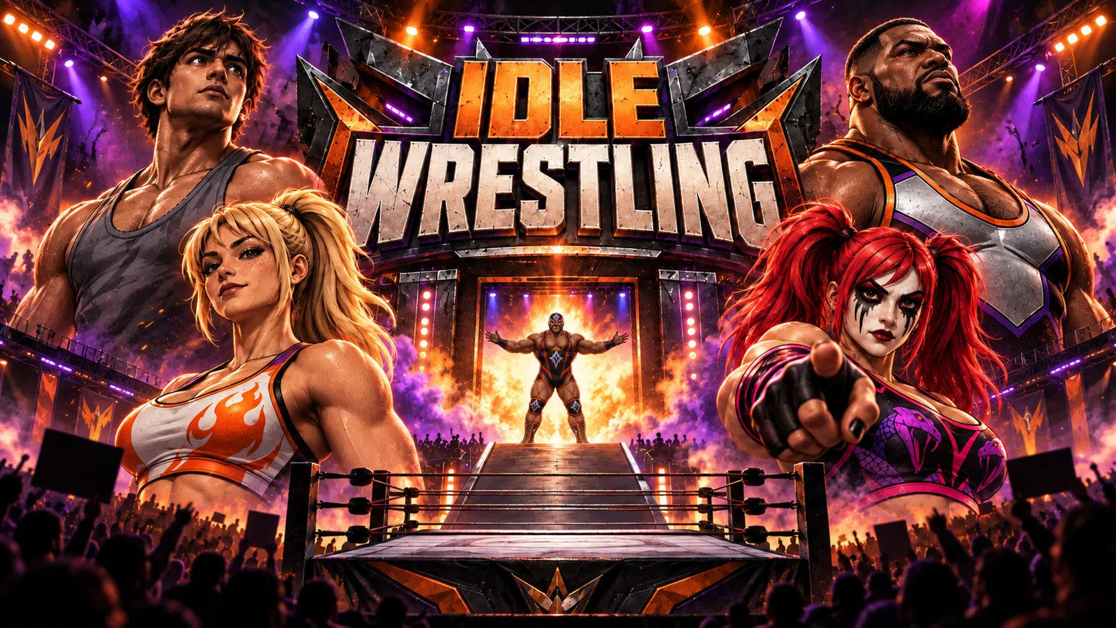 Idle Wrestling key art: four wrestlers surround a ring as a champion makes his entrance under orange and purple lights.