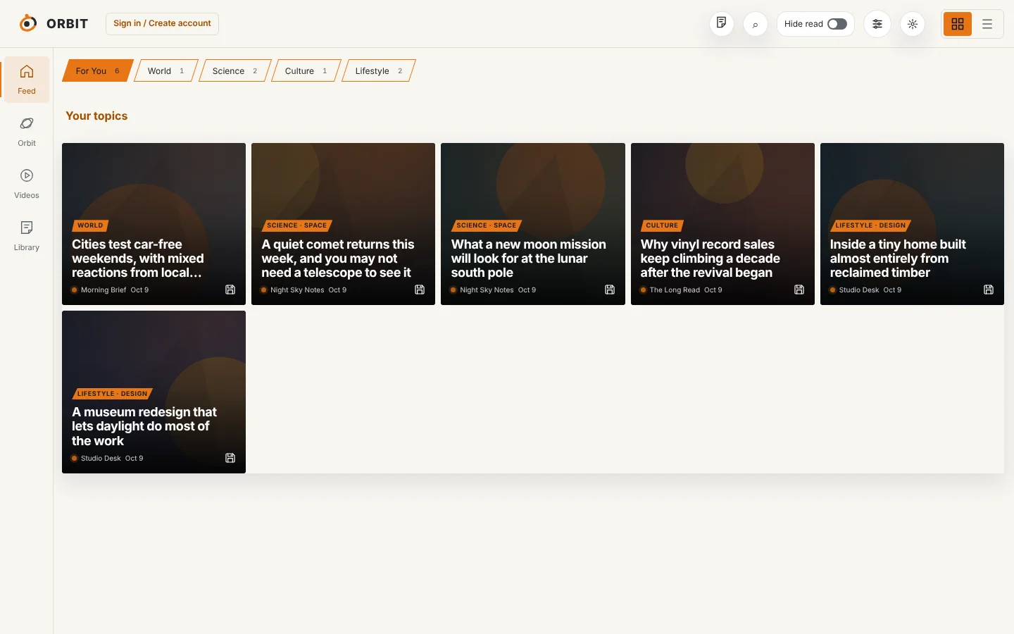 Orbit's feed on desktop: story cards grouped by topic, with topic filters across the top.