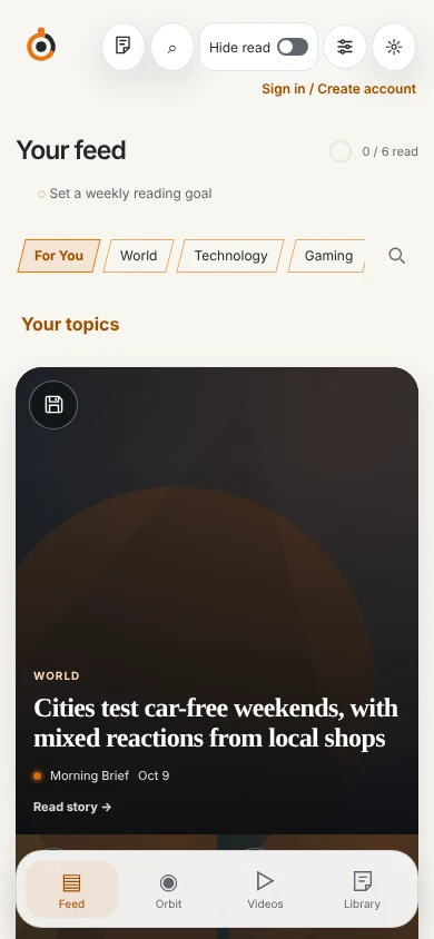 Orbit's feed on a phone, with a large story card and a bottom tab bar.